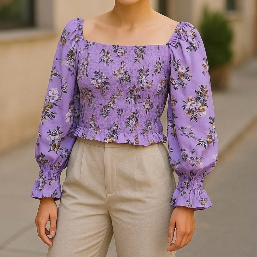 Crop Top Large Purple Floral Cottagecore Milkmaid Smocked Fairy Whimsy Y2K